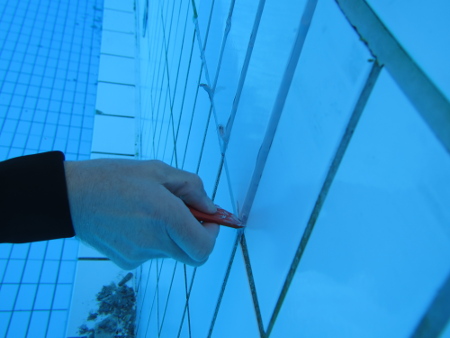 Fliesenrepararur unter Wasser im Freibad